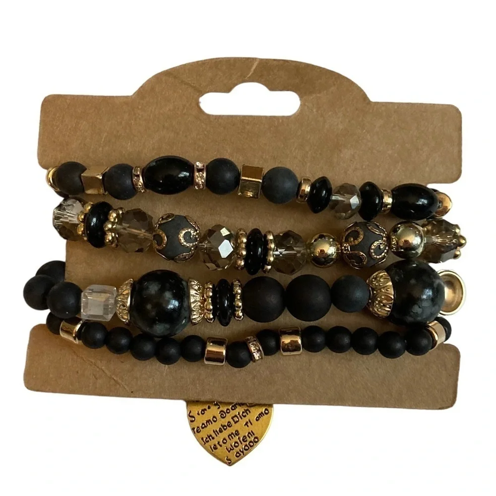 Bracelet Heart Charm Bead Layered Set Elastic Stretch